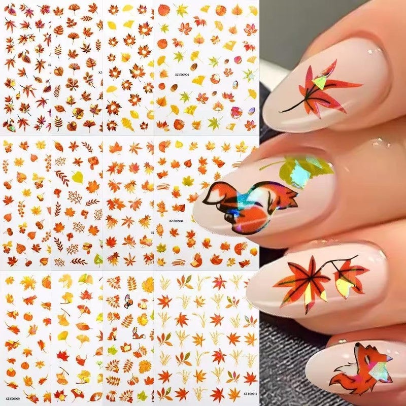 SPLOCUDU 12 Sheets Autumn Maple Leaves Nail Stickers 3D Self-Adhesive Fall Maple Leaf Nail Art Stickers Decals Self-Adhesive Thanksgiving Nail Decals Supplies Decorations for Women - Image 4